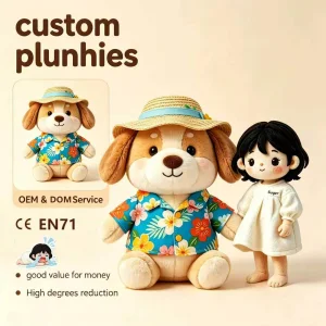 Custom Tropical Floral Shirt Dog Plush Mascot, Beach Vacation Theme Puppy Stuffed Toy, Wholesale Bulk for Summer Holiday
