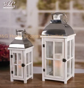Square Stainless Steel Top Wood Lantern Decorative Lantern