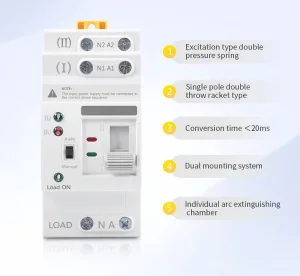 Industrial Automatic PC Transfer Switch 2P 63A 230V Single Phase 5kA Breaking Capacity Dual Power Changeover Switch