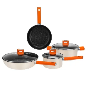 Low MOQ OEM 4Pcs Cookware Multilayer Bottom Heat Resistant 483F Custom Logo Color Durable Kitchen Cookware Set