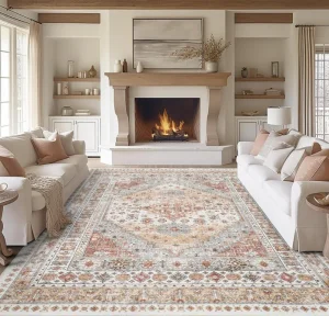 Imitation Cashmere Non-Slip Backing Washable Vintage Large Area Rug for Living Room