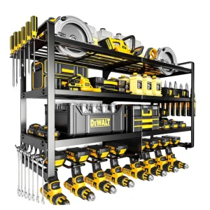 Large 4-Layer Wall Mount Metal Power Tool Organizer Heavy-Duty 400lbs Capacity 8 Cordless Drill Holder Racks Modern Battery