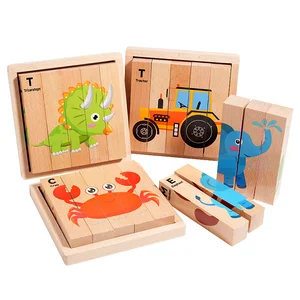 Wooden Animal Chunky Puzzle, 5 Solid Wood Puzzle Blocks with 4 Sides, Montessori Block Puzzle with Durable Base for Toddlers 3+