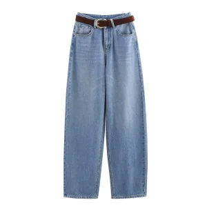 Chic Wide-Leg High-Waisted Denim Jeans with Stylish Belt