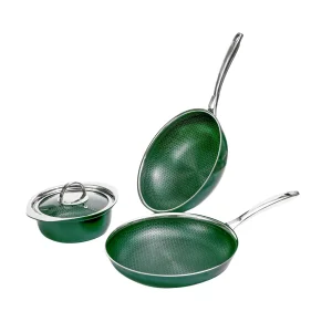 Nonstick Honey Comb Coating Stainless Steel Blackish Green Ceramic Outer Layer 3PCS Cookware Set