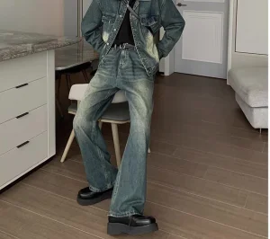 Calças Jeans Masculinas de Alta Qualidade, Perna Larga, Lavadas, Cor Azul, Denim para Homens