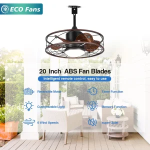 Ceiling Fans with Lights, 20 Inch Waterproof Ceiling Fan with Light and Remote, Reversible DC Motor, Dimmable, for Balcony