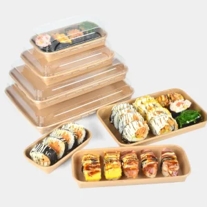 Eco Disposable Biodegradable Sustainable Kraft Paper Sushi Plastictray Recyclable Lunch Packaging Food Paper Container with PLA Coating