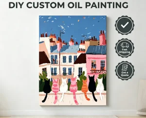 Songwoo Cute Seven Cats on Paris Balcony Digital Painting Kit Pastel French Town Building Scenery DIY Acrylic Paint by Numbers