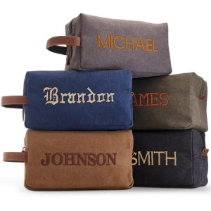 Organizador de maquillaje y cosméticos con logo bordado, bolsa de aseo de lona retro impermeable para hombres