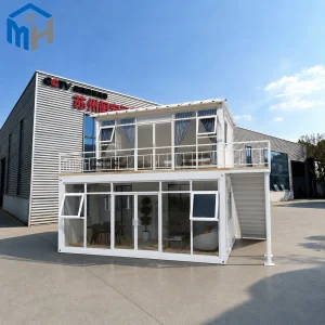2 Story Flat Pack Container House Modern Glass Wall Quick Assembly Steel Frame Prefab Office Home with Balcony for Sale