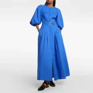 Venda por atacado de vestido casual de outono com mangas bufantes, botão frontal, cinto e pregas, vestido em mistura de algodão e linho, roupas femininas