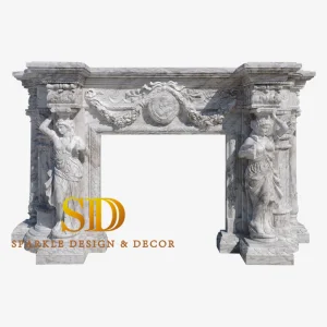 Large European Style Volaks White Marble Fireplace Mantel Shelf with Figure Statues for Big Villa