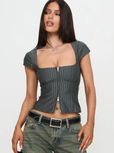 Blusa Cropped de Manga Curta com Decote Quadrado e Zíper Frontal para Mulheres Y2K Moda de Rua Verão Top Feminino