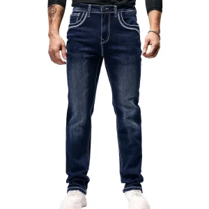 Calças Jeans Masculinas Premium com Detalhe em Botão, Secagem Rápida, Cintura Média, Corte Slim, Mistura de Poliéster e Algodão, Costura Reforçada, Acabamento Lavado