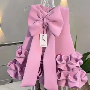 Elegant Heavy Industry Dress Girls with Bowknot for Party, Birthday, Performance, Solid Pattern, Children's Floral Decoration,