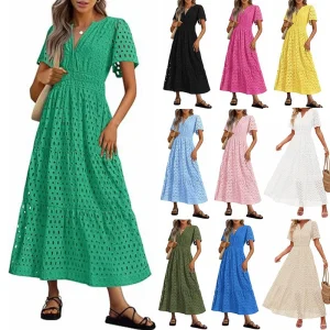 Vestido Longo de Manga Curta para Mulheres com Decote em V, Renda Oca, Plissado, Manga Curta, Vestidos Casuais Sólidos