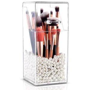 Organizador de Brochas de Maquillaje, Almacenamiento de Brochas de Cosméticos a Prueba de Polvo con Perlas Blancas
