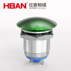 Hban 19mm Metal Zn-Al Alloy Waterproof Green Head Mushroom Push Button Switch
