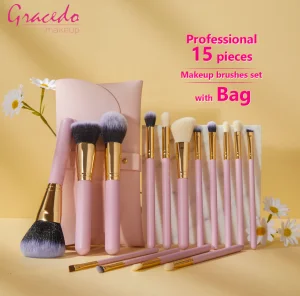 Gracedo 15-Piece Premium Makeup Brush Set with Synthetic Hair Fan Brush for Face Foundation Blush Concealer Eyeshadow