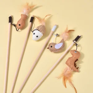 Interactive Eco-Friendly Durable Wood Cat Toy Feather Bell Playing Rod Teaser Linen Wooden Pole Teeth Cleaning Feature