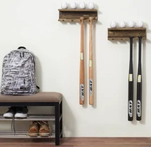 OEM Burnt Wood Wall Mounted Sports Rack Baseball Bat Rack and Ball Storage Shelf Supplier, Suppliers