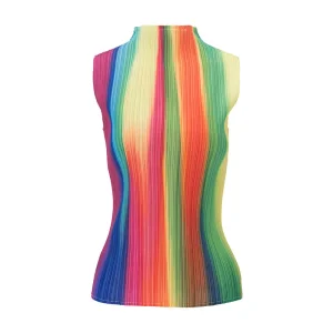 Best Women’s Sleeveless Pleated Top – High Neck Rainbow Striped Blouse Factory, Service