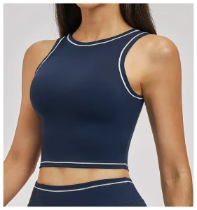 Women's Contrast Piping Crop Tank Top with Removable Pads, Round Neck, High Elasticity, Quick Dry for Gym Yoga