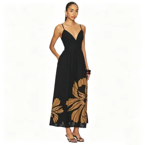 Vestido Midi de Vacança com Alças Finas, Decote em V, Cintura Ajustada, Floral Preto e Marrom, Feminino, OEM