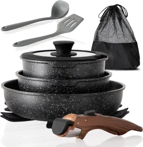 Removable Handle Induction Pots and Pans Set - 10 Piece Non-stick Cookware Sets, Black Granite Stackable RV Cookware for Camp