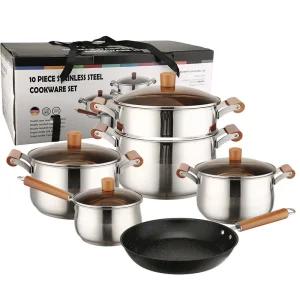 Premium 6-Piece 201 Stainless Steel Casserole &amp; Cooking Pot Set with Glass Lid Large Capacity Modern Design