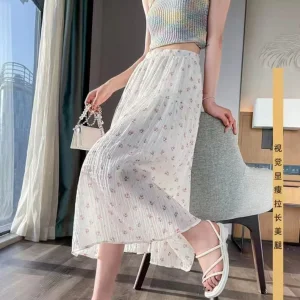 French Floral Embroidery Midi Skirt