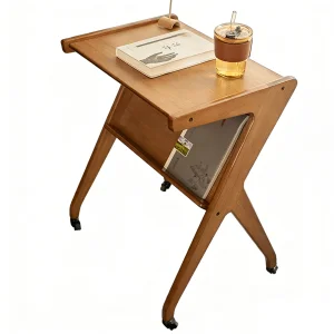 Custom Bamboo Z-shaped Side End Table with Wheels and Open Storage Shelf