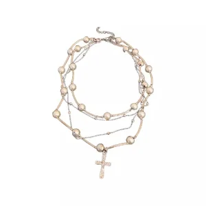 Multi-Layered Pearl Cross Necklace