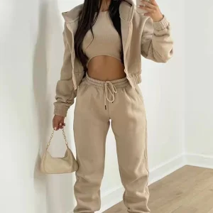 2025 Women 2-Piece Tracksuit Set Custom Zip-Up Cropped Hoodie And Jogger Vintage Quick Dry Casual Sportswear Blank Outfit