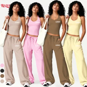 Custom Logo Yoga Outfit Women Tank Top High Waist Loose Pants Fitness Workout Sets Breathable Quick Dry Gym Activewear Tracksuit