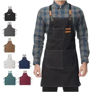 Heavy Duty Coffee Shop Chef Restaurant Leather Garden BBQ Grilling Denim Cotton Barber Canvas Work Apron with Tool Pockets