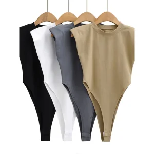 Black Sleeveless Body Suits for Women White Padded Shoulder Bodysuit