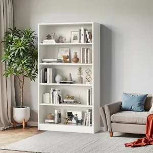 60 Inch Tall 5-Shelf Wooden Bookcase for Home Office, Study Room, Easy Assembly