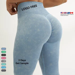 Wholesale Solid Butt Lift Fitness Workout Gym Wear Yoga Pants Seamless High Waist Corset Leggings Push Acid Wash Elastic Waist