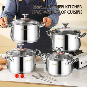 8PCS Curved Shape Stainless Steel Set Kitchen Cookware Soup Pot Casserole with Glass Lid