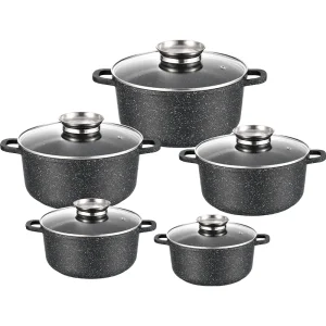 Customization Classic Die Cast Aluminum 10-Piece Black Marble Non-Stick Cookware Set Induction Ready Glass Cover 16-28cm Soup