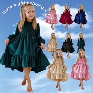 Yiwuyiyuan Custom Girl Velvet Dress Long-Sleeve Ruffle Hem Flowy A-Line Dress for Kids Daily &amp; Party Wear
