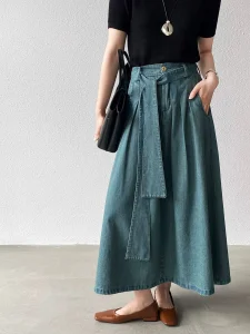 American Retro Women's Denim Midi Skirt with a Tie Waist