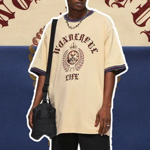Impressão de Gato Retro Contrast 200GSM 100%Cotton Camiseta Oversized com Ombros Caídos Roupas Casuais de Rua para Homens