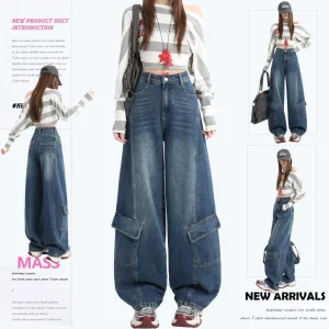 Baixa MOQ Calças Cargo Baggy Femininas de Cintura Alta Jeans Vintage Lavados de Perna Larga Moda de Rua