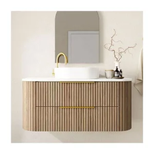 Wholesale Custom High-quality Simple European-style Fluted Curved Luxury Wooden Floating Bathroom Vanity With Sink And Mirror
