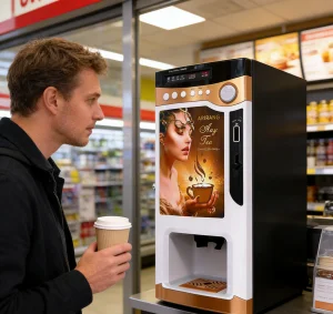 Compact Commercial Coffee Maker: Powder Dispenser with Player for Ads & Coin Mechanism With Cup Dispenser