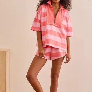 Custom Women's Striped Terry Quarter Zip Loose Two Piece Set Short Sleeve Top Drawstring Shorts Loungewear Set Manufacturer