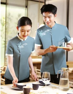 Uniforme de trabajo de manga corta transpirable con cuello mandarín para personal de restaurante chino y banquetes de hotel